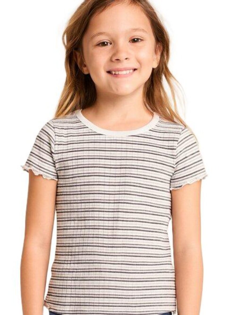 Cat & Jack Girls Tee Ruffled Short Sleeve White Blue Gray Stripes Size S 6/6X